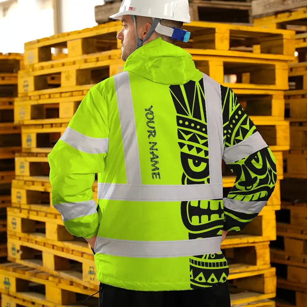 Hi Vis Jacket Waterproof Reflective Tapes TiKi Hawaiian Polynesian Tribal Custom Name Safety Workwear For Workers, Truckers, Operators