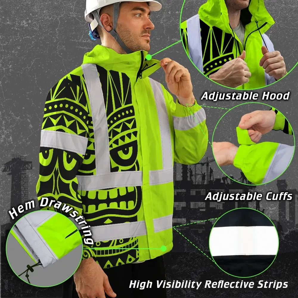 Hi Vis Jacket Waterproof Reflective Tapes TiKi Hawaiian Polynesian Tribal Custom Name Safety Workwear For Workers, Truckers, Operators