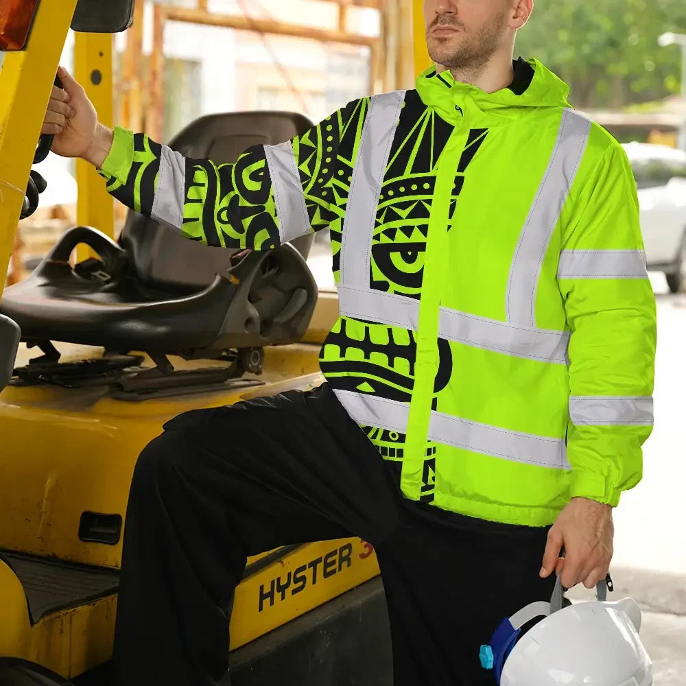 Hi Vis Jacket Waterproof Reflective Tapes TiKi Hawaiian Polynesian Tribal Custom Name Safety Workwear For Workers, Truckers, Operators