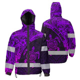 Hi Vis Jacket Waterproof Reflective Tapes Violet Neon Turtle Hawaiian Polynesian Custom Name