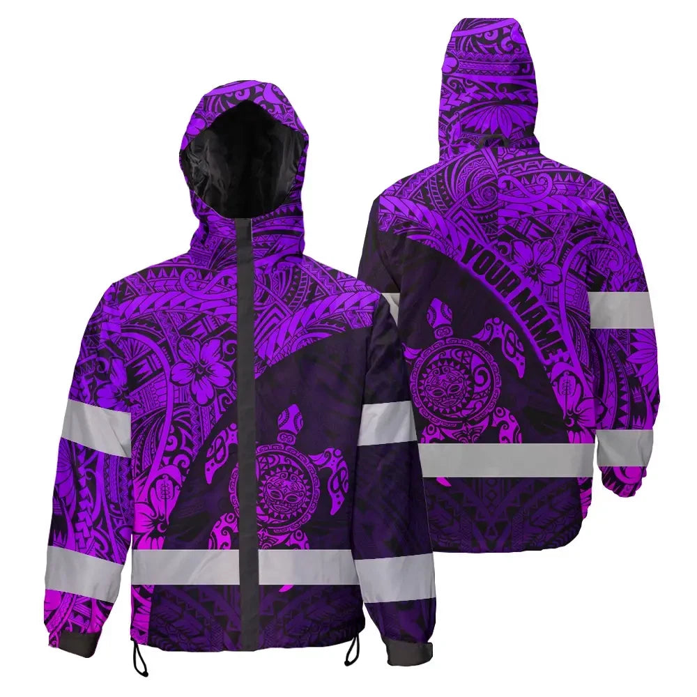 Hi Vis Jacket Waterproof Reflective Tapes Violet Neon Turtle Hawaiian Polynesian Custom Name