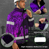 Hi Vis Jacket Waterproof Reflective Tapes Violet Neon Turtle Hawaiian Polynesian Tribal Custom Name Safety Workwear For Workers, Truckers, Operators