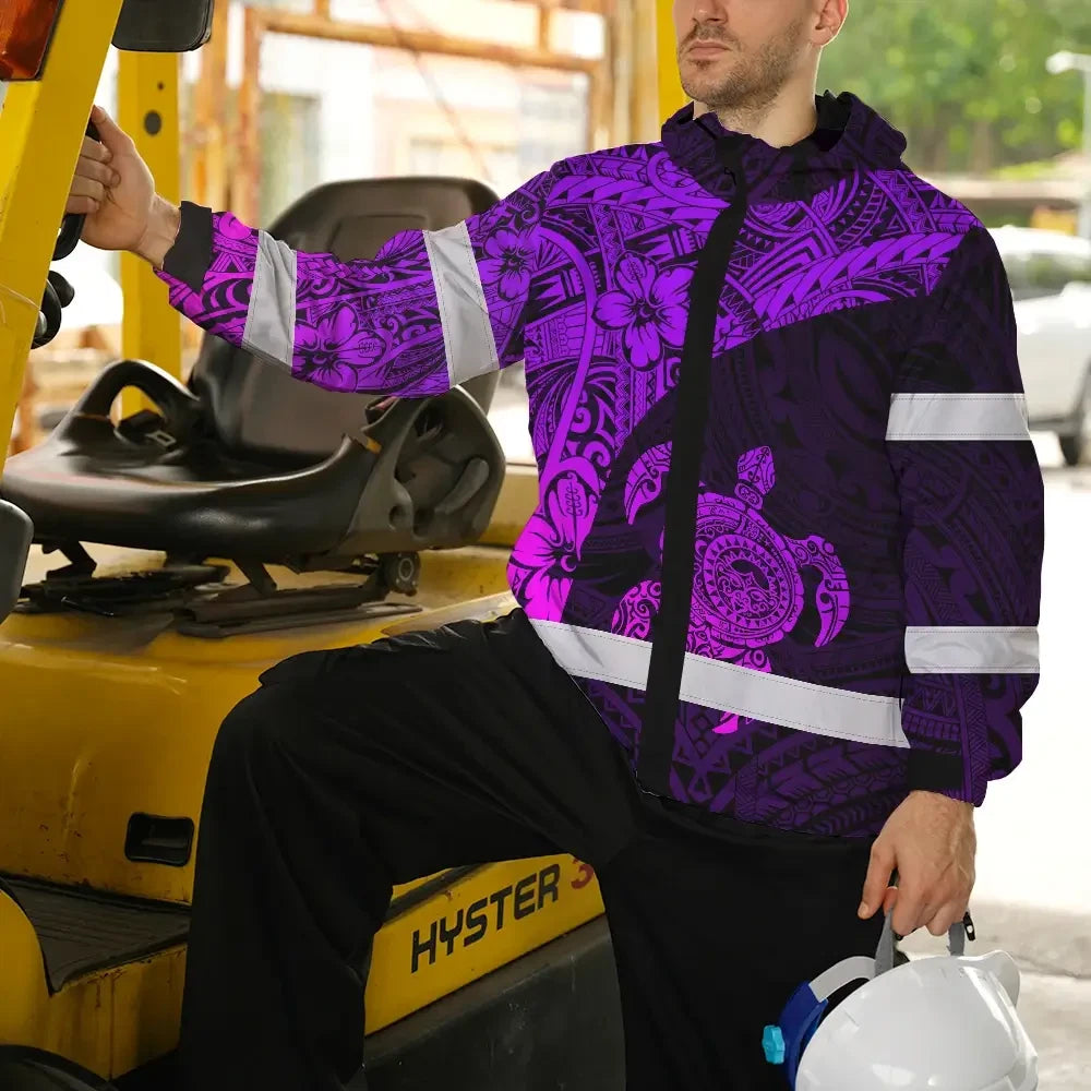 Hi Vis Jacket Waterproof Reflective Tapes Violet Neon Turtle Hawaiian Polynesian Tribal Custom Name Safety Workwear For Workers, Truckers, Operators