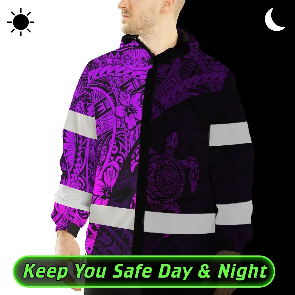Hi Vis Jacket Waterproof Reflective Tapes Violet Neon Turtle Hawaiian Polynesian Custom Name