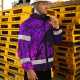 Hi Vis Jacket Waterproof Reflective Tapes Violet Neon Turtle Hawaiian Polynesian Tribal Custom Name Safety Workwear For Workers, Truckers, Operators