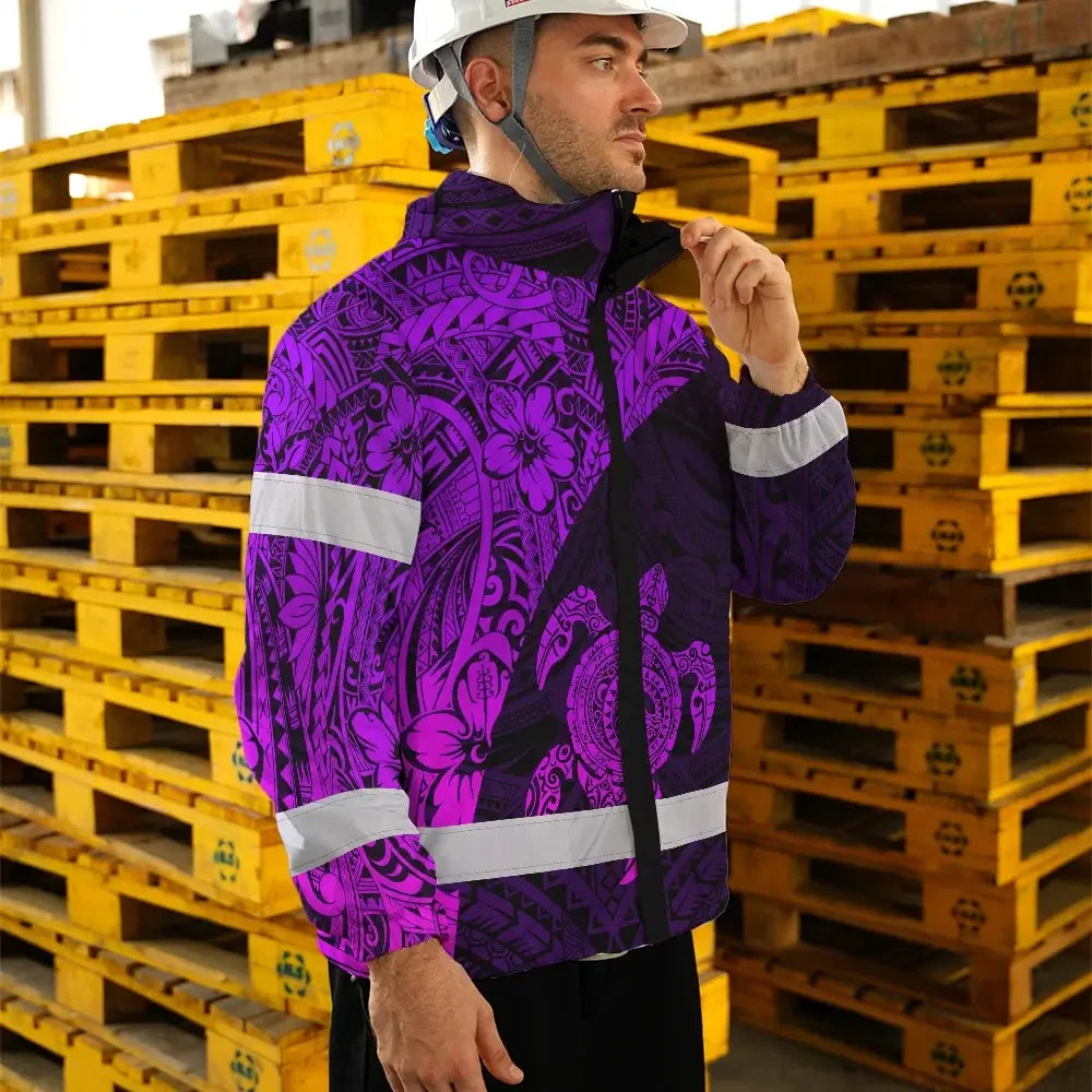 Hi Vis Jacket Waterproof Reflective Tapes Violet Neon Turtle Hawaiian Polynesian Tribal Custom Name Safety Workwear For Workers, Truckers, Operators