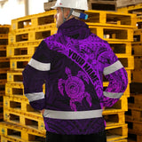 Hi Vis Jacket Waterproof Reflective Tapes Violet Neon Turtle Hawaiian Polynesian Tribal Custom Name Safety Workwear For Workers, Truckers, Operators