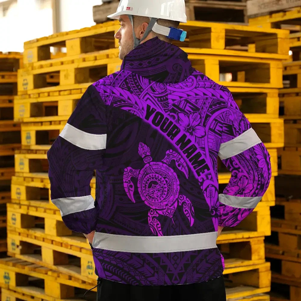 Hi Vis Jacket Waterproof Reflective Tapes Violet Neon Turtle Hawaiian Polynesian Tribal Custom Name Safety Workwear For Workers, Truckers, Operators
