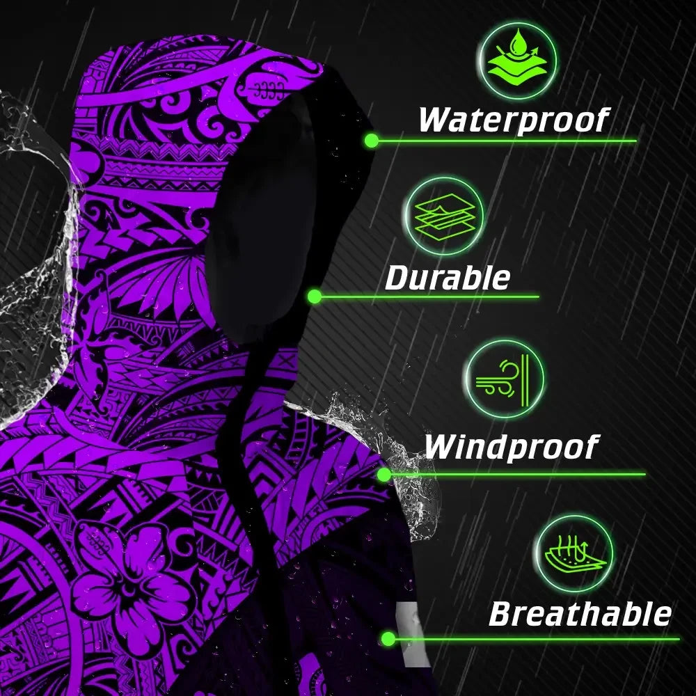 Hi Vis Jacket Waterproof Reflective Tapes Violet Neon Turtle Hawaiian Polynesian Custom Name