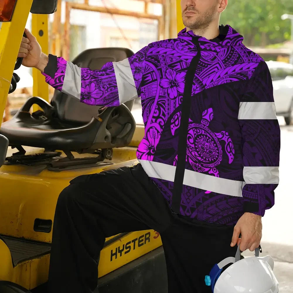 Hi Vis Jacket Waterproof Reflective Tapes Violet Neon Turtle Hawaiian Polynesian Custom Name