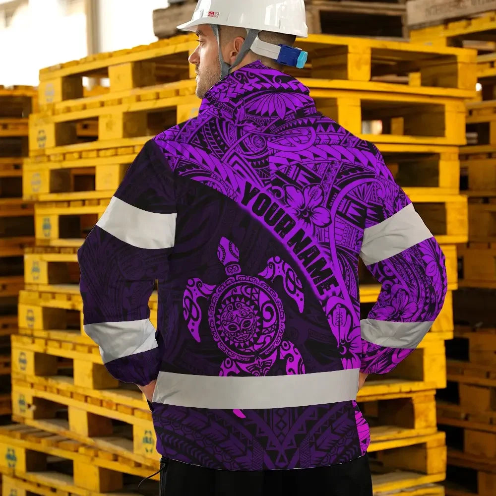 Hi Vis Jacket Waterproof Reflective Tapes Violet Neon Turtle Hawaiian Polynesian Custom Name