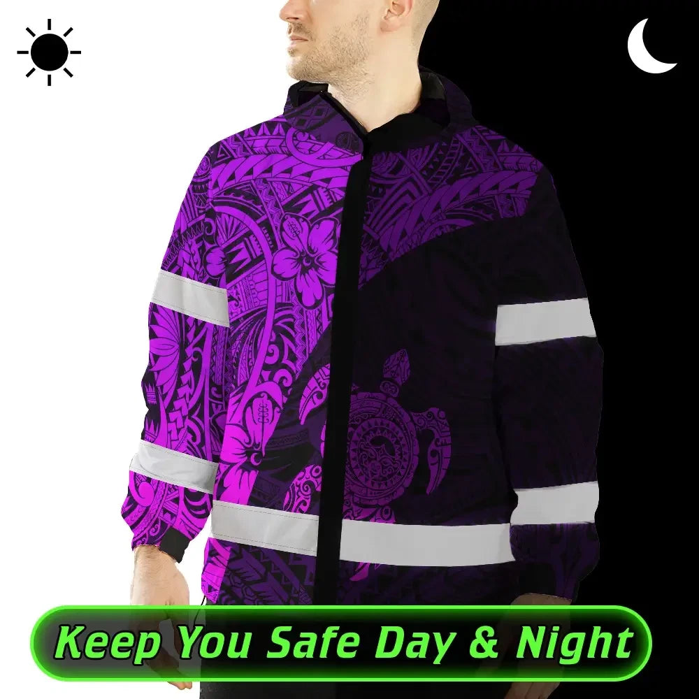 Hi Vis Jacket Waterproof Reflective Tapes Violet Neon Turtle Hawaiian Polynesian Tribal Custom Name Safety Workwear For Workers, Truckers, Operators