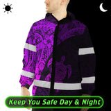 Hi Vis Jacket Waterproof Reflective Tapes Violet Neon Turtle Hawaiian Polynesian Tribal Custom Name Safety Workwear For Workers, Truckers, Operators