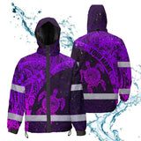 Hi Vis Jacket Waterproof Reflective Tapes Violet Neon Turtle Hawaiian Polynesian Tribal Custom Name Safety Workwear For Workers, Truckers, Operators