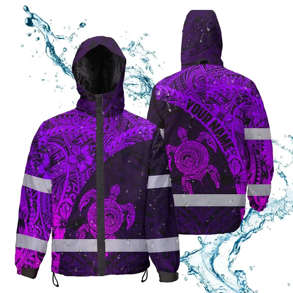 Hi Vis Jacket Waterproof Reflective Tapes Violet Neon Turtle Hawaiian Polynesian Tribal Custom Name Safety Workwear For Workers, Truckers, Operators