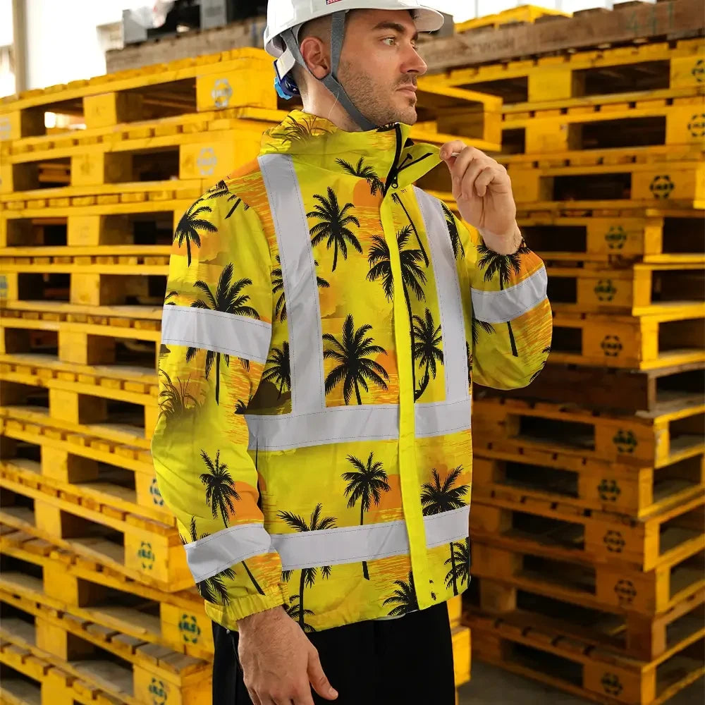 Hi Vis Jacket Waterproof Reflective Tapes Yellow Neon Flowers Custom Name Safety Workwear For Workers, Truckers, Operators