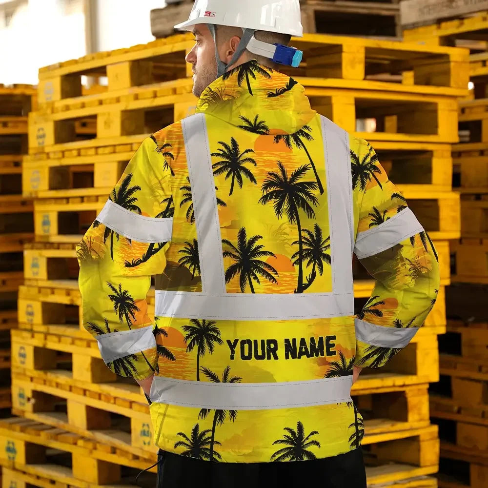 Hi Vis Jacket Waterproof Reflective Tapes Yellow Neon Flowers Custom Name Safety Workwear For Workers, Truckers, Operators
