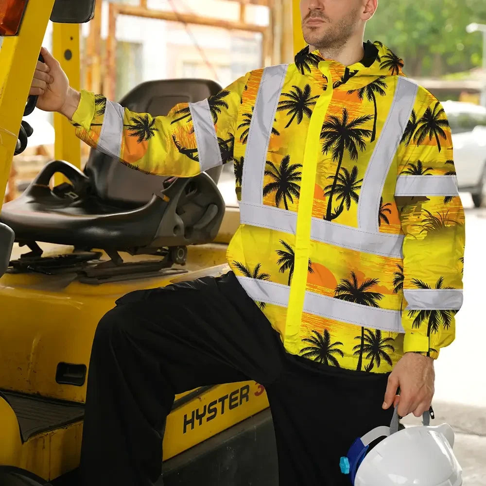 Hi Vis Jacket Waterproof Reflective Tapes Yellow Neon Flowers Custom Name Safety Workwear For Workers, Truckers, Operators