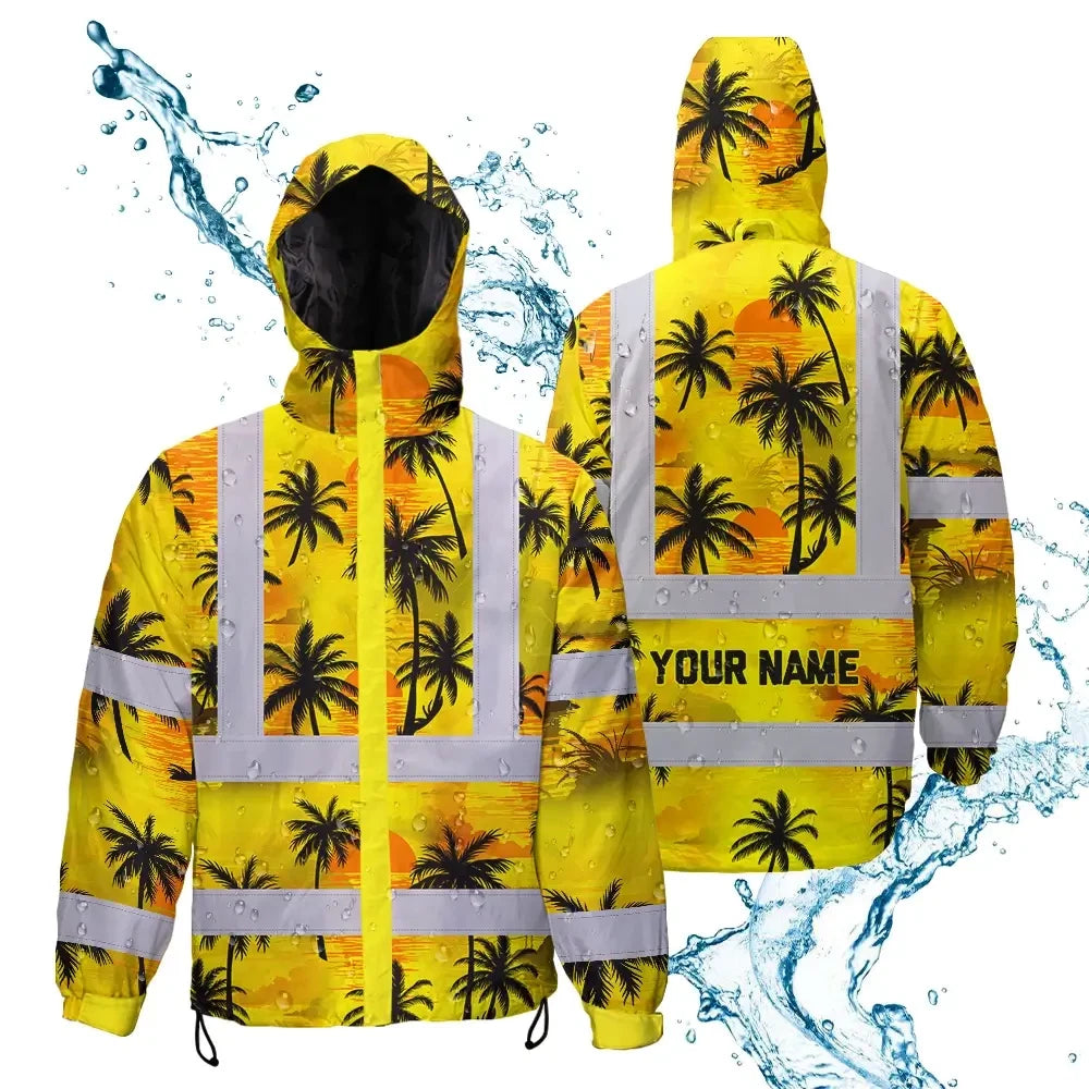 Hi Vis Jacket Waterproof Reflective Tapes Yellow Neon Flowers Custom Name Safety Workwear For Workers, Truckers, Operators