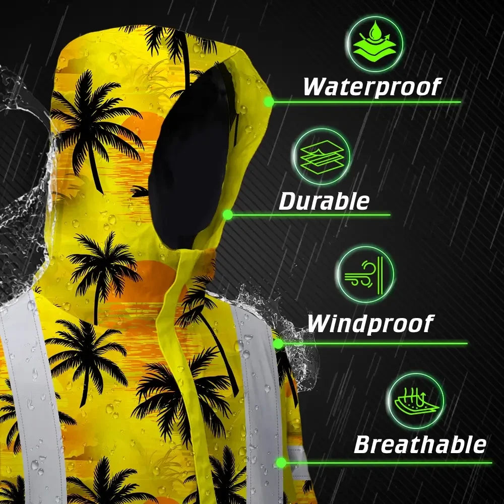 Hi Vis Jacket Waterproof Reflective Tapes Yellow Neon Flowers Custom Name Safety Workwear For Workers, Truckers, Operators