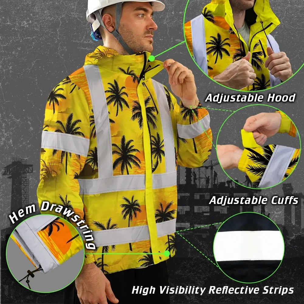 Hi Vis Jacket Waterproof Reflective Tapes Yellow Neon Flowers Custom Name Safety Workwear For Workers, Truckers, Operators