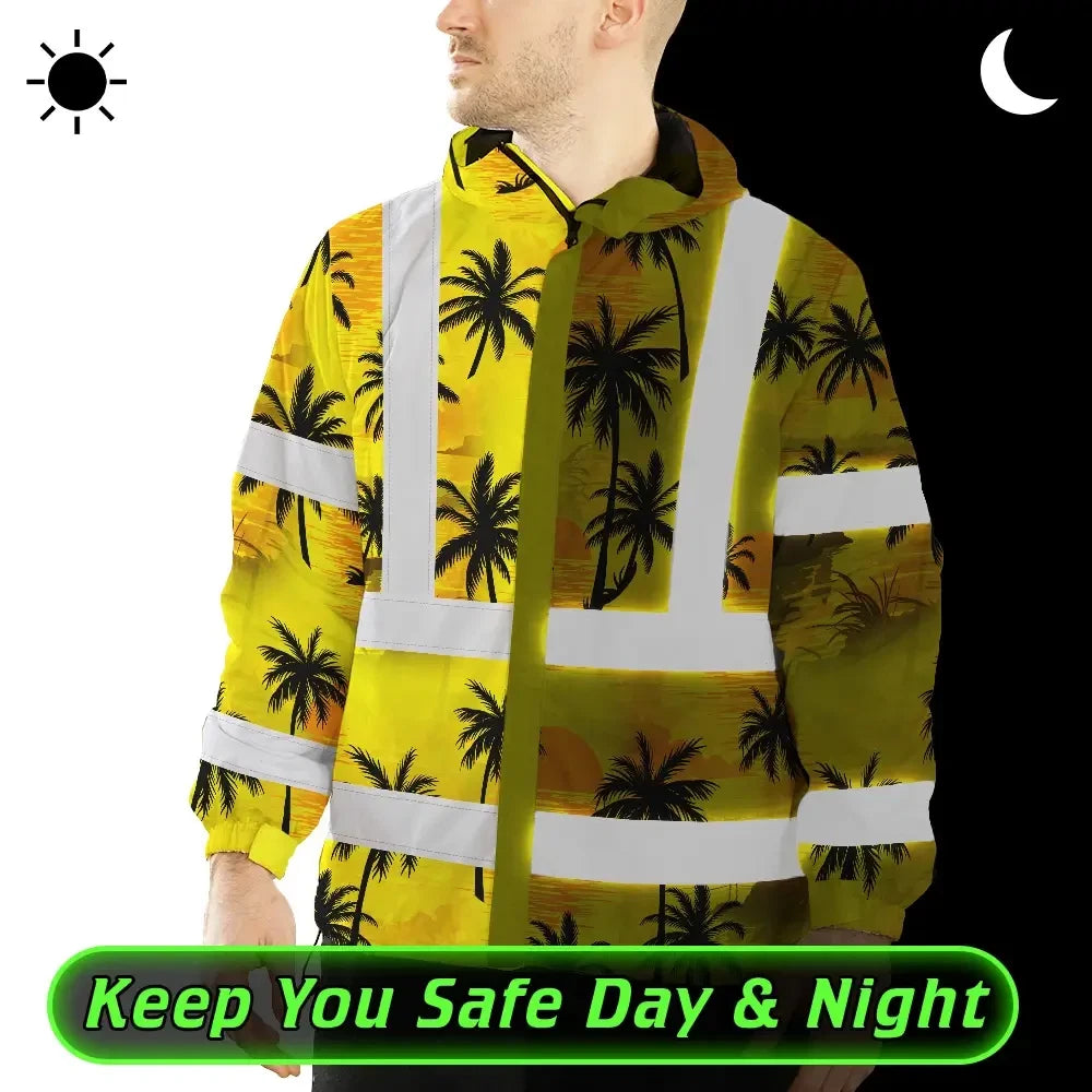 Hi Vis Jacket Waterproof Reflective Tapes Yellow Neon Flowers Custom Name Safety Workwear For Workers, Truckers, Operators