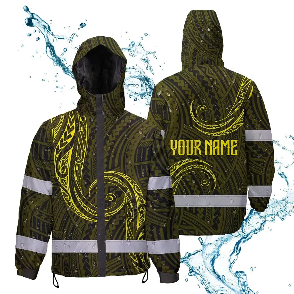 Hi Vis Jacket Waterproof Reflective Tapes Yellow Neon Hawaii Custom Name Safety Workwear For Workers, Truckers, Operators
