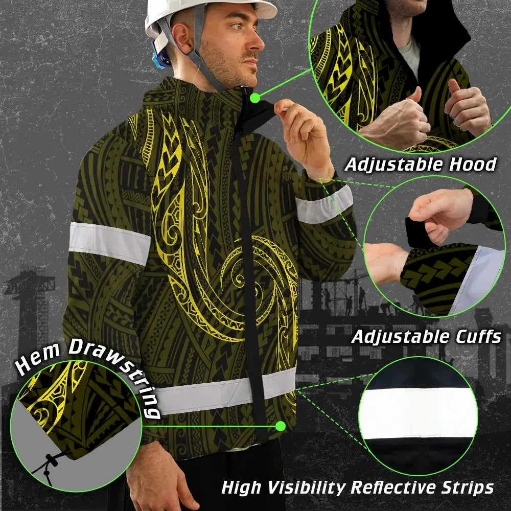 Hi Vis Jacket Waterproof Reflective Tapes Yellow Neon Hawaii Custom Name Safety Workwear For Workers, Truckers, Operators