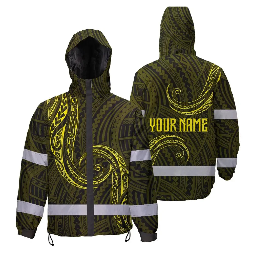 Hi Vis Jacket Waterproof Reflective Tapes Yellow Neon Hawaii Custom Name Safety Workwear For Workers, Truckers, Operators