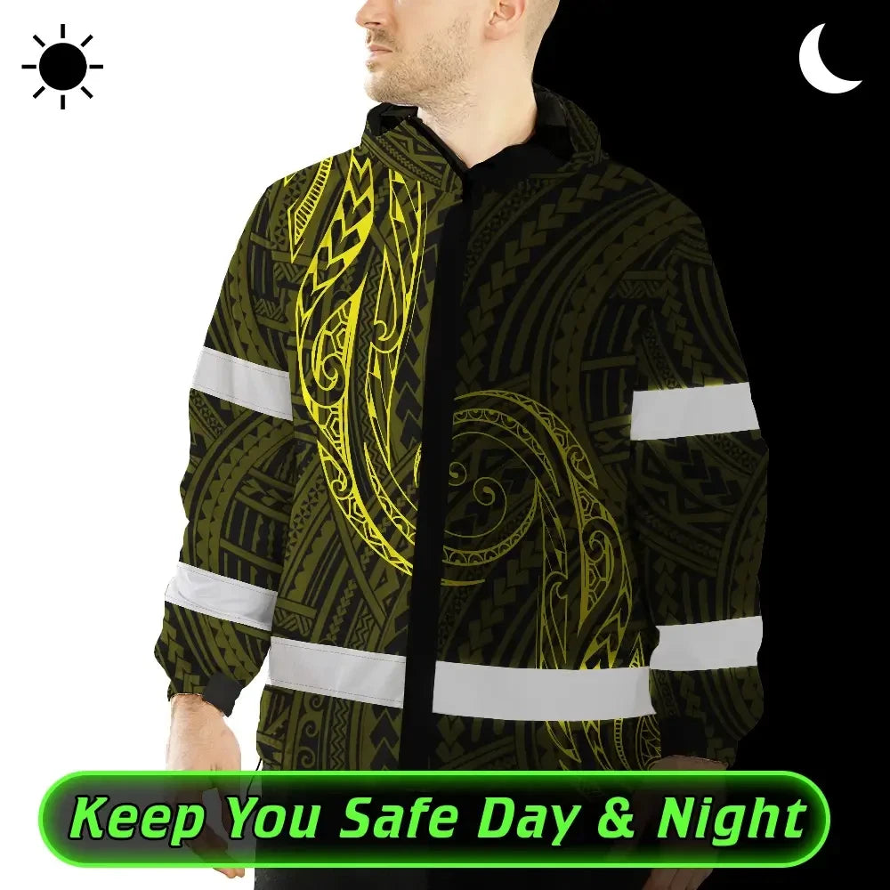 Hi Vis Jacket Waterproof Reflective Tapes Yellow Neon Hawaii Custom Name Safety Workwear For Workers, Truckers, Operators