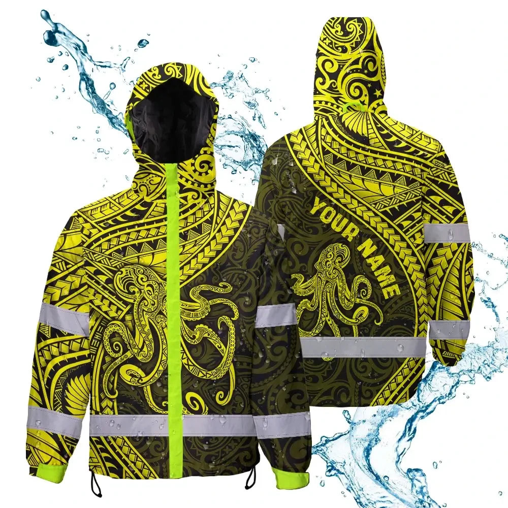 Hi Vis Jacket Waterproof Reflective Tapes Yellow Neon Hawaii Octopus Custom Name Safety Workwear For Workers, Truckers, Operators
