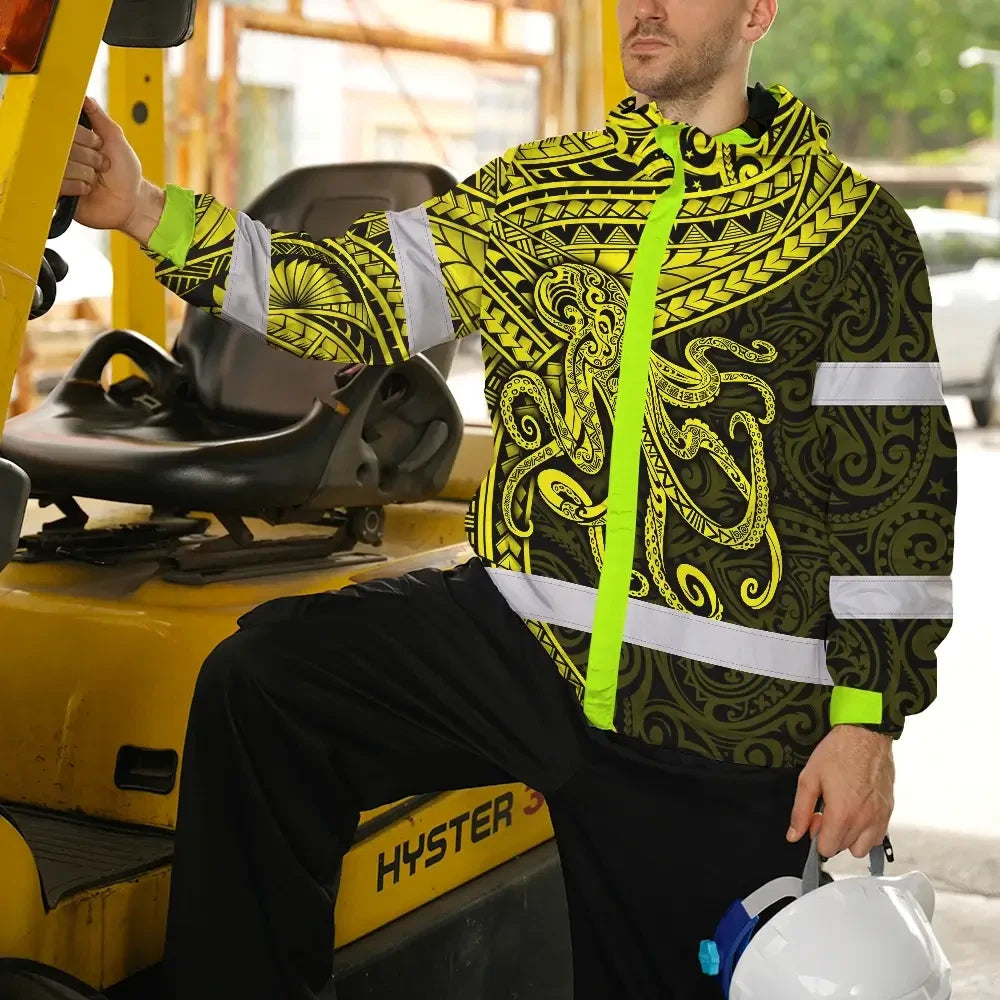 Hi Vis Jacket Waterproof Reflective Tapes Yellow Neon Hawaii Octopus Custom Name Safety Workwear For Workers, Truckers, Operators