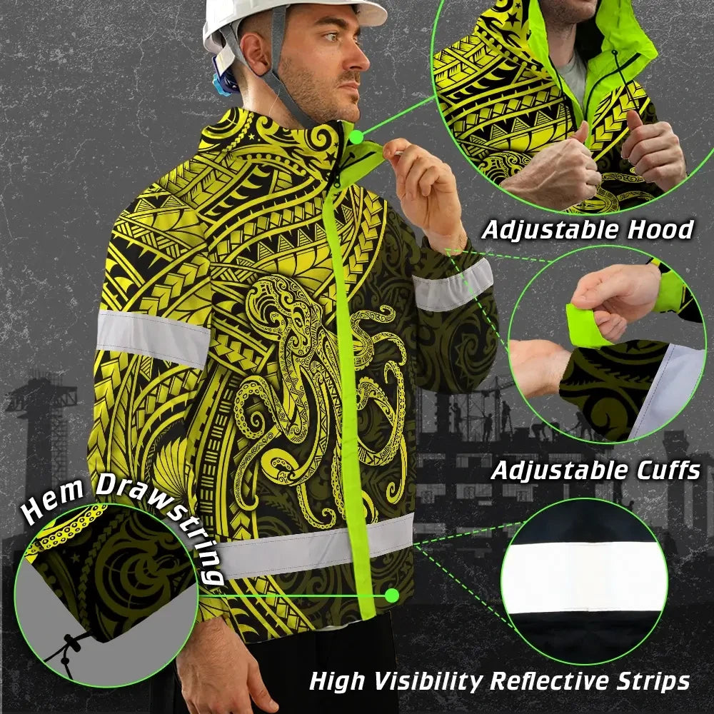 Hi Vis Jacket Waterproof Reflective Tapes Yellow Neon Hawaii Octopus Custom Name Safety Workwear For Workers, Truckers, Operators
