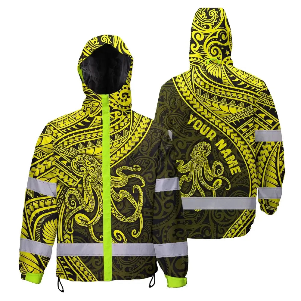 Hi Vis Jacket Waterproof Reflective Tapes Yellow Neon Hawaii Octopus Custom Name Safety Workwear For Workers, Truckers, Operators