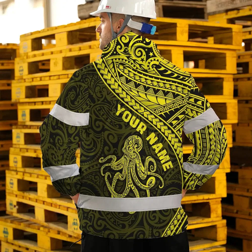 Hi Vis Jacket Waterproof Reflective Tapes Yellow Neon Hawaii Octopus Custom Name Safety Workwear For Workers, Truckers, Operators