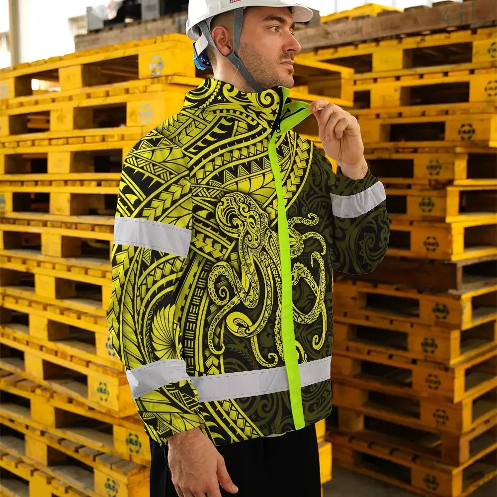 Hi Vis Jacket Waterproof Reflective Tapes Yellow Neon Hawaii Octopus Custom Name Safety Workwear For Workers, Truckers, Operators