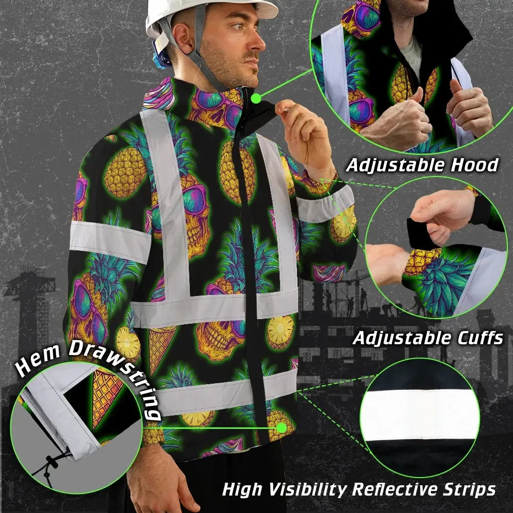 Hi Vis Jacket Waterproof Reflective Tapes Yellow Neon Skull Custom Name Safety Workwear For Workers, Truckers, Operators