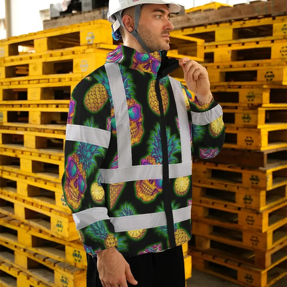 Hi Vis Jacket Waterproof Reflective Tapes Yellow Neon Skull Custom Name Safety Workwear For Workers, Truckers, Operators