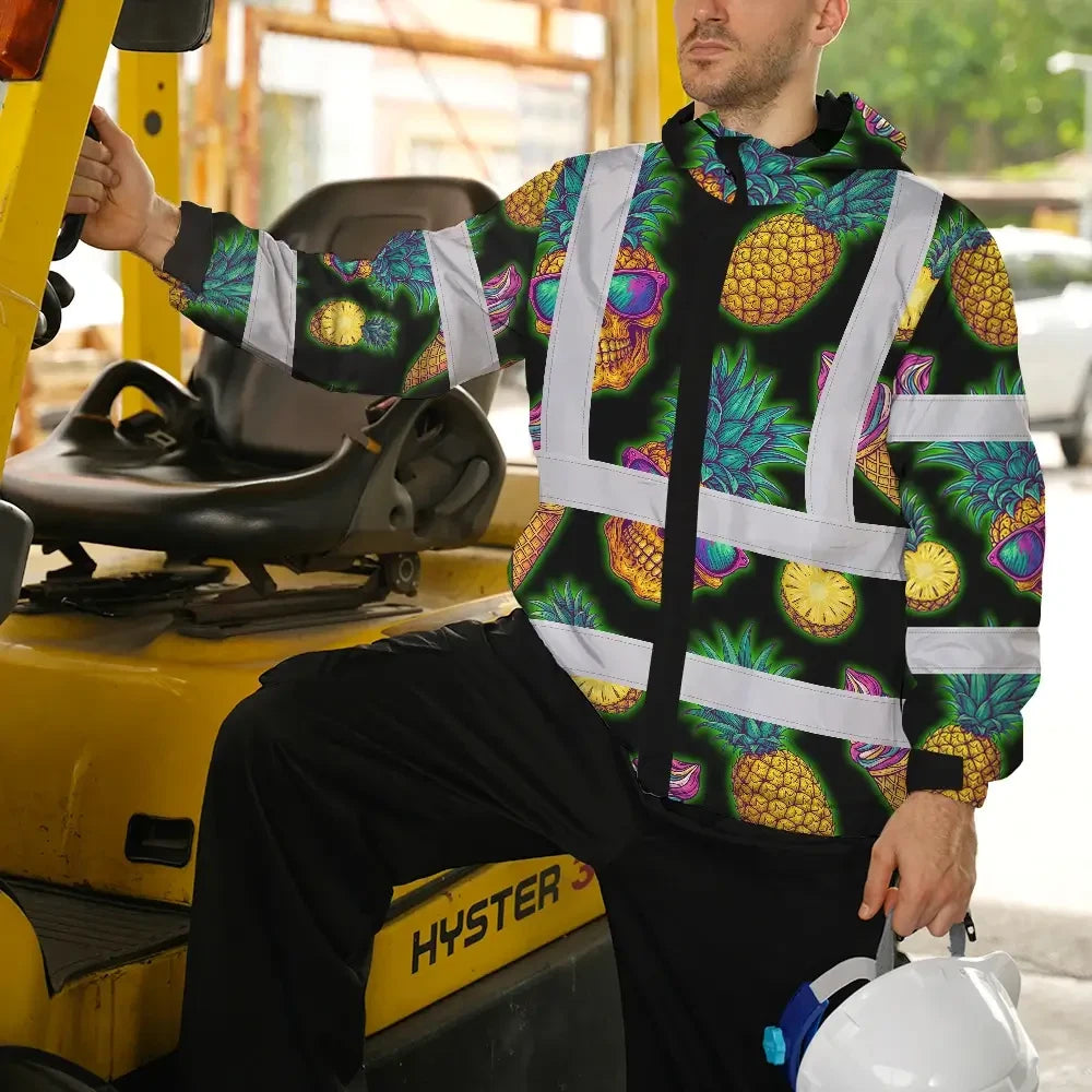 Hi Vis Jacket Waterproof Reflective Tapes Yellow Neon Skull Custom Name Safety Workwear For Workers, Truckers, Operators