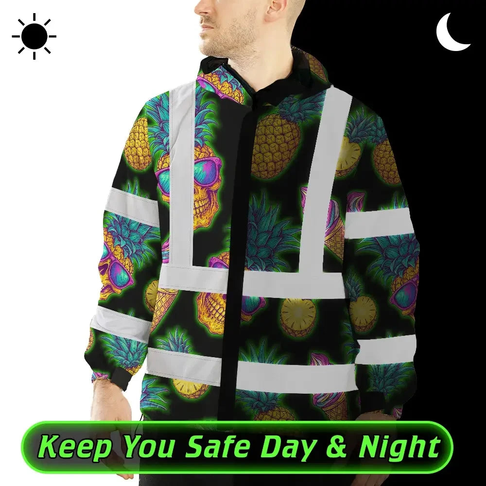 Hi Vis Jacket Waterproof Reflective Tapes Yellow Neon Skull Custom Name Safety Workwear For Workers, Truckers, Operators