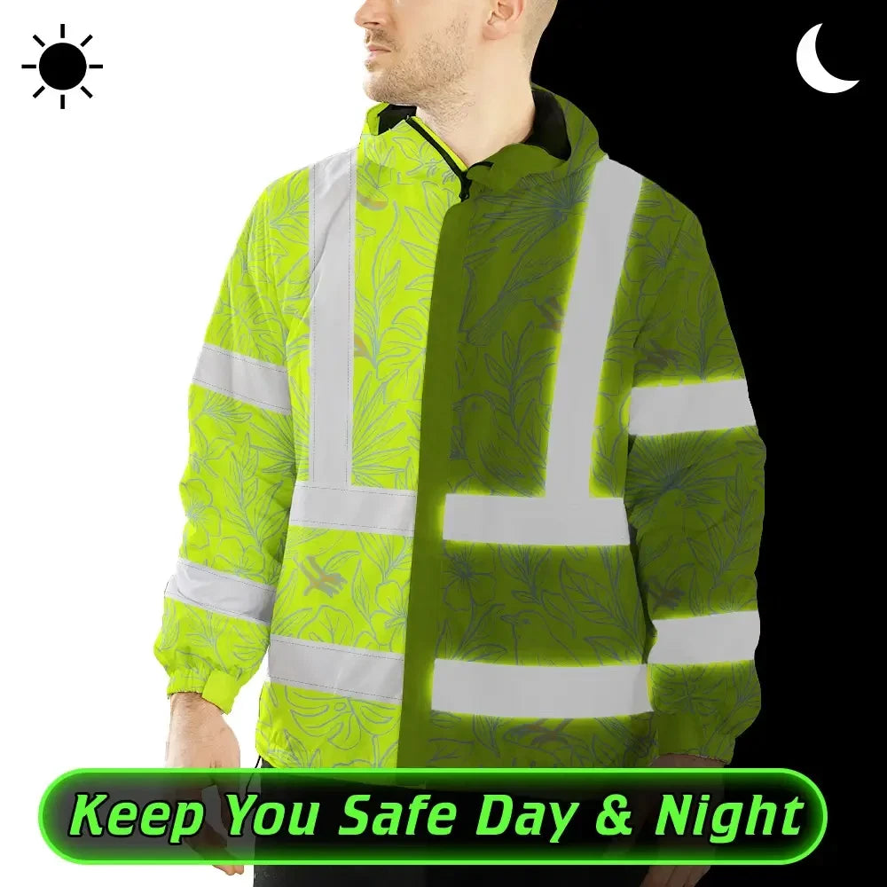 Hi Vis Jacket Waterproof Tapes Green Grey Flowers Custom Name Safety Workwear For Workers, Truckers, Operators