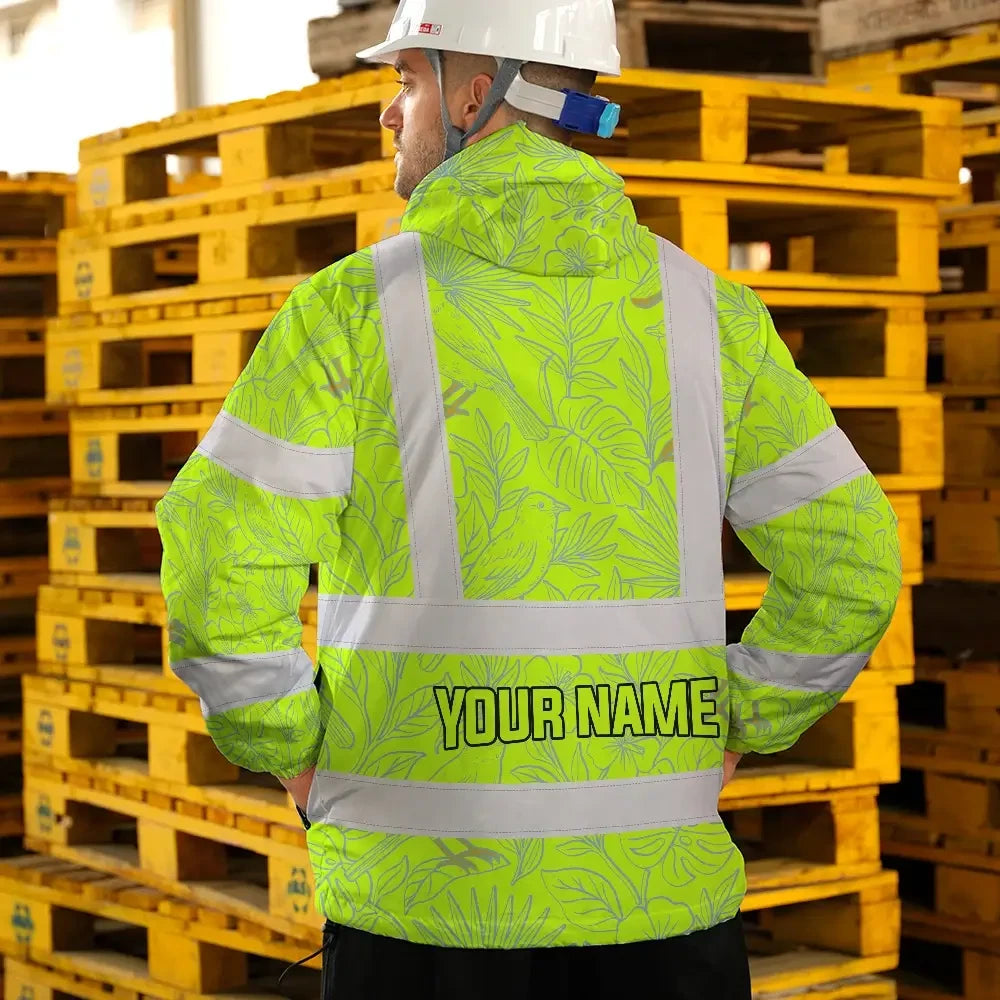 Hi Vis Jacket Waterproof Tapes Green Grey Flowers Custom Name Safety Workwear For Workers, Truckers, Operators