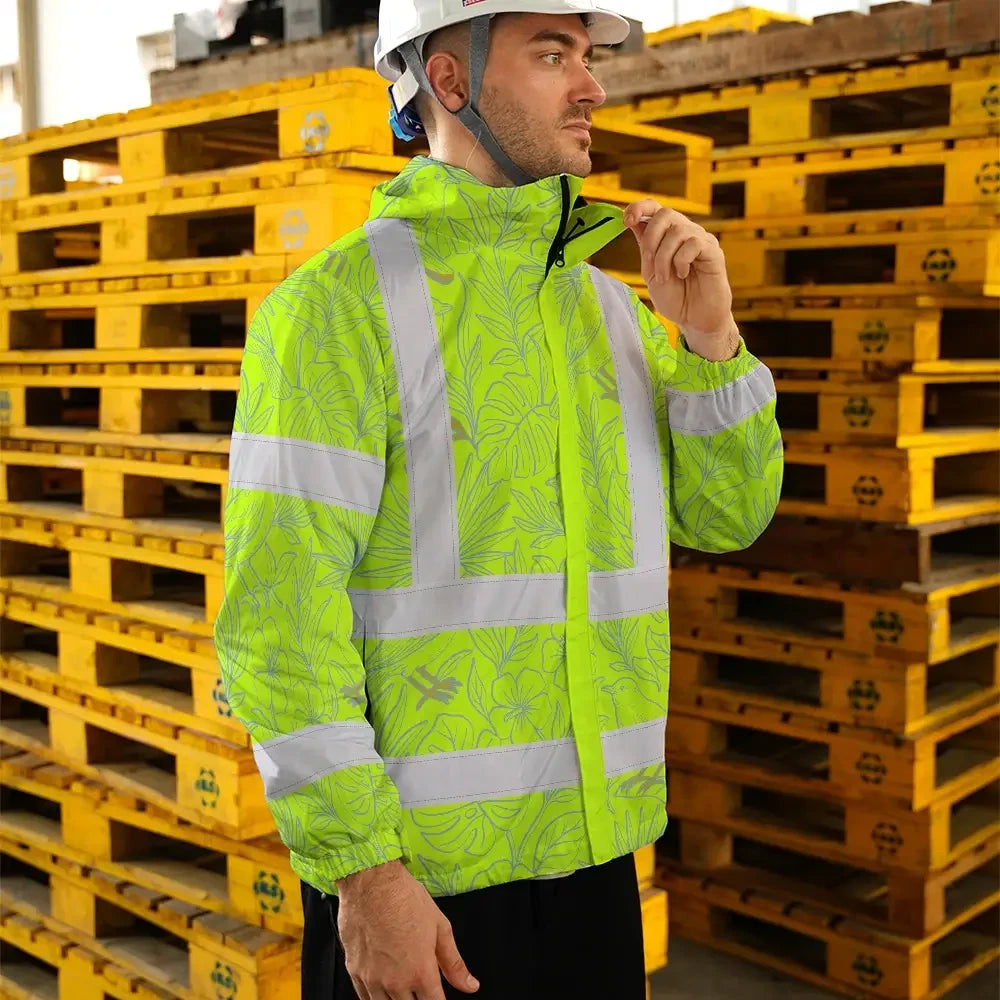 Hi Vis Jacket Waterproof Tapes Green Grey Flowers Custom Name Safety Workwear For Workers, Truckers, Operators