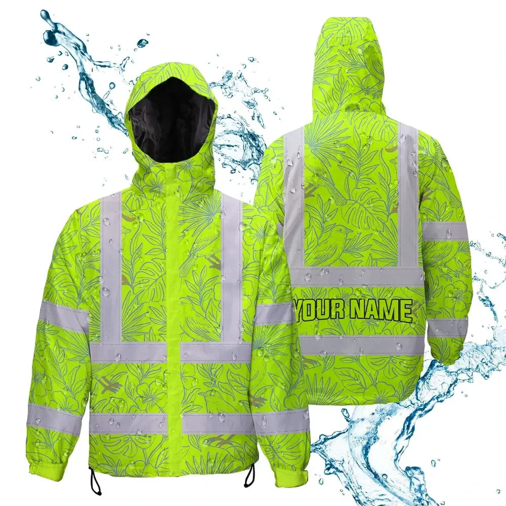 Hi Vis Jacket Waterproof Tapes Green Grey Flowers Custom Name Safety Workwear For Workers, Truckers, Operators