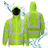 Hi Vis Jacket Waterproof Tapes Green Grey Flowers Custom Name Safety Workwear For Workers, Truckers, Operators