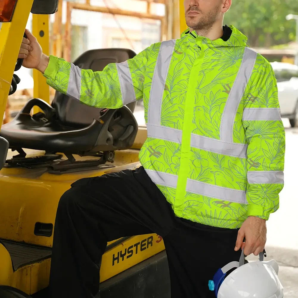 Hi Vis Jacket Waterproof Tapes Green Grey Flowers Custom Name Safety Workwear For Workers, Truckers, Operators