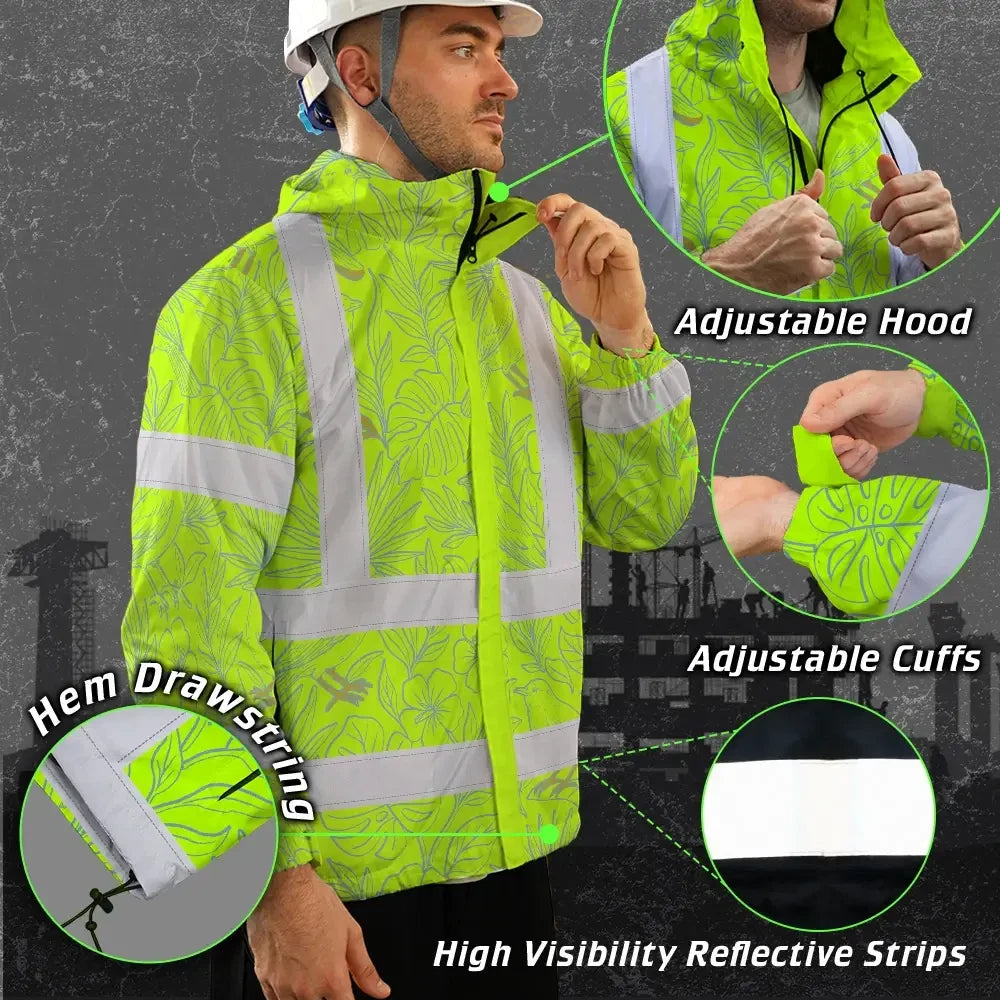 Hi Vis Jacket Waterproof Tapes Green Grey Flowers Custom Name Safety Workwear For Workers, Truckers, Operators