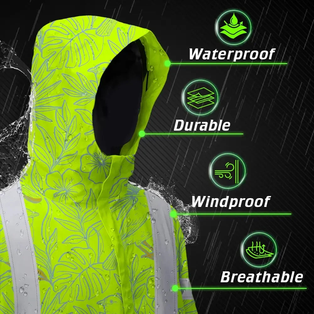 Hi Vis Jacket Waterproof Tapes Green Grey Flowers Custom Name Safety Workwear For Workers, Truckers, Operators