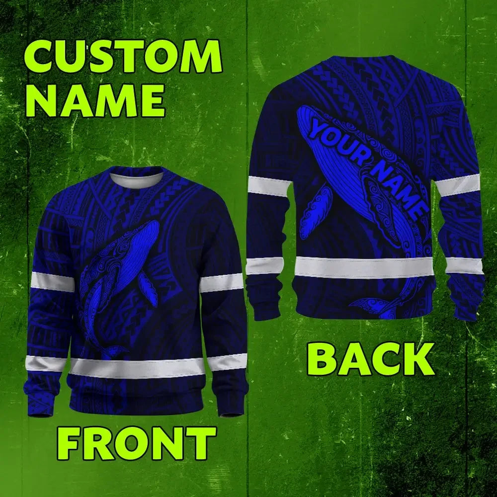 Hi Vis Long Sleeve Reflective Tapes Blue Neon Hawaii Whale Custom Name