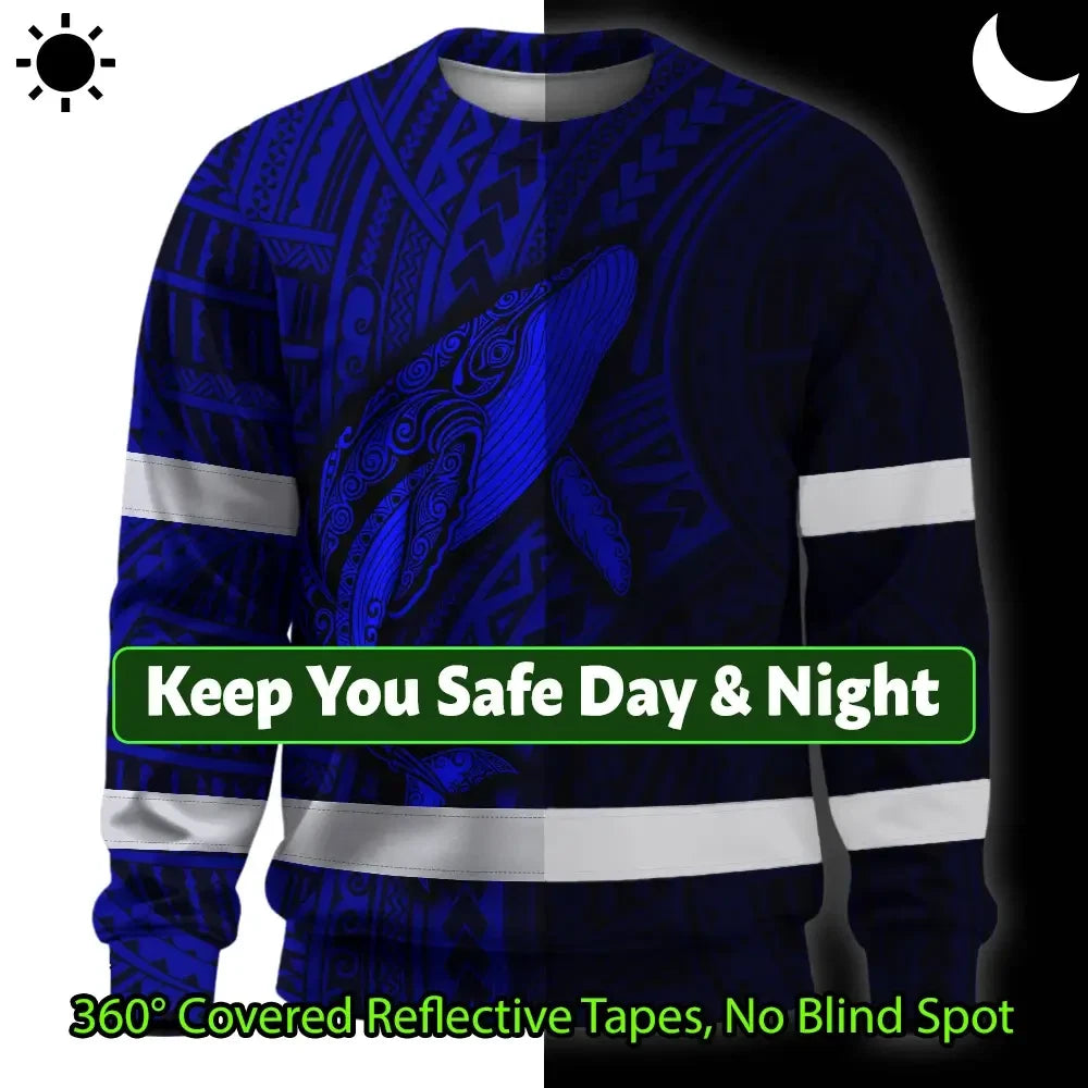 Hi Vis Long Sleeve Reflective Tapes Blue Neon Hawaii Whale Custom Name